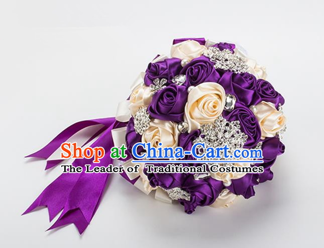 Top Grade Classical China Wedding Extravagant Chinese Knot Purple Rose Flowers Nosegay, Bride Holding Luxury Crystal Flowers Ball Hand Tied Bouquet Flowers for Women