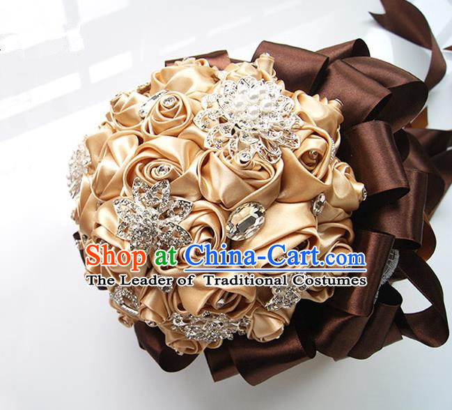 Top Grade Classical Wedding Coffee Ribbon Corsage Brooch, Bride Emulational Corsage Bridemaid Brooch Flowers for Women