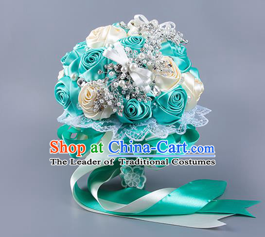Top Grade Classical Wedding Blue Ribbon Silk Flowers, Bride Holding Emulational Flowers Ball, Hand Tied Bouquet Flowers for Women