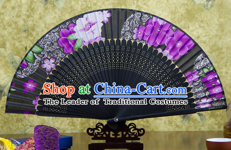 Traditional Chinese Handmade Crafts Folding Fan, China Sensu Ink Painting Purple Flowers Silk Fan Hanfu Fans for Women