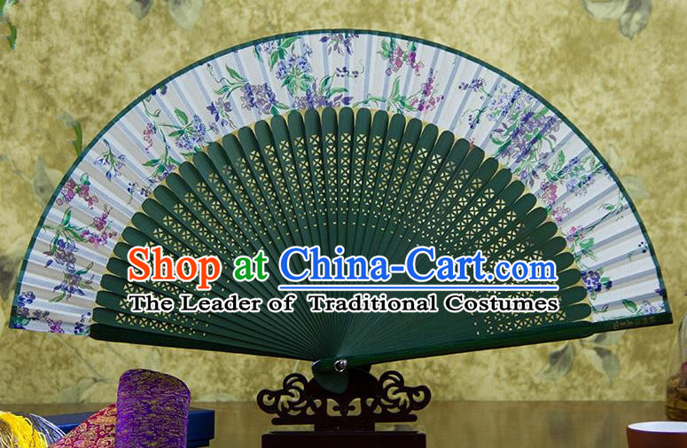 Traditional Chinese Handmade Crafts Green Folding Fan, China Sensu Printing Silk Fan Hanfu Fans for Women
