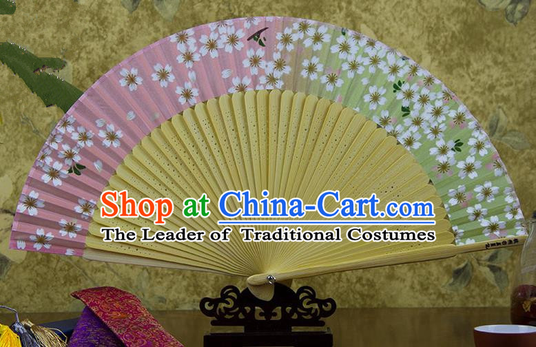 Traditional Chinese Handmade Crafts Gradient Pink Folding Fan, China Sensu Printing Oriental Cherry Silk Fan Hanfu Fans for Women