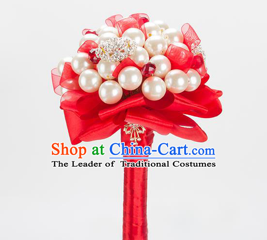 Top Grade Classical Wedding Bride Red Ribbon Flowers Holding Emulational Flowers Ball, Crystal Hand Tied Bouquet Flowers for Women