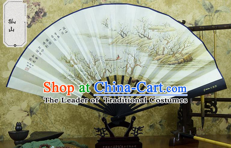 Traditional Chinese Handmade Crafts Ebonize Folding Fan, China Sensu Landscape Painting Silk Fan Hanfu Fans for Men