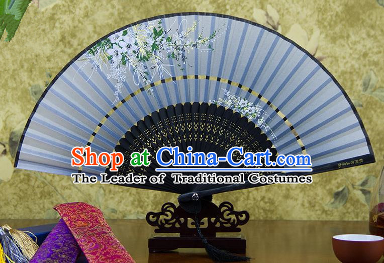 Traditional Chinese Handmade Crafts Two-segment Folding Fan, China Printing Flowers Sensu Blue Silk Fan Hanfu Fans for Women
