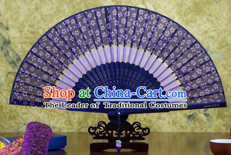 Traditional Chinese Handmade Crafts Two-segment Folding Fan, China Printing Flowers Sensu Purple Silk Fan Hanfu Fans for Women