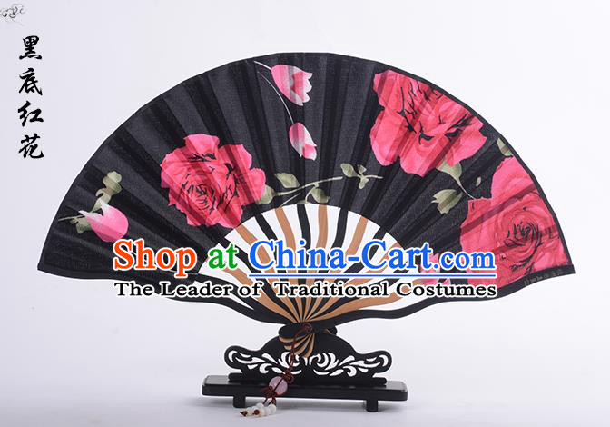 Traditional Chinese Handmade Crafts Folding Fan, China Printing Red Rose Sensu Black Silk Fan Hanfu Fans for Women