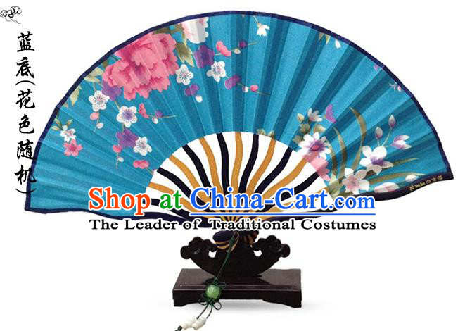 Traditional Chinese Handmade Crafts Folding Fan, China Printing Flowers Sensu Blue Silk Fan Hanfu Fans for Women
