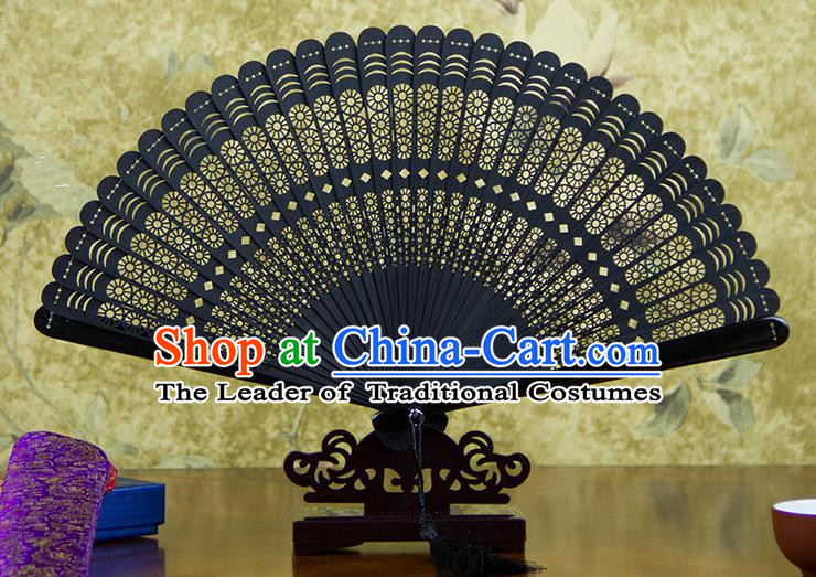Traditional Chinese Handmade Crafts Bamboo Carving Folding Fan, China Classical Printing Rosa Chinensis Sensu Hollow Out Wood Black Fan Hanfu Fans for Women