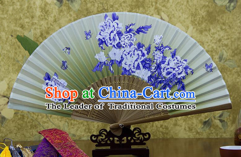 Traditional Chinese Handmade Crafts Hand Painting Butterfly Flowers Folding Fan, China Classical Green Sensu Silk Fan Hanfu Fans for Women