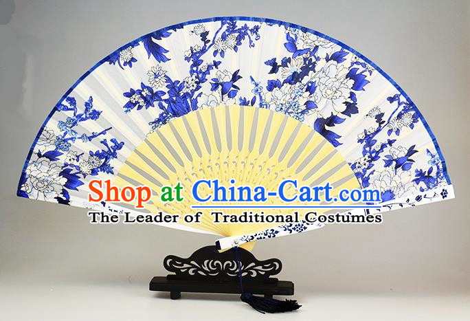 Traditional Chinese Handmade Crafts Blue and White Porcelain Folding Fan, China Classical Peony Sensu Silk Fan Hanfu Fans for Women