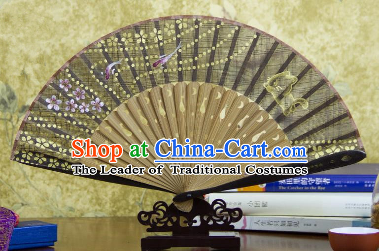 Traditional Chinese Handmade Crafts Printing Flower Bamboo Folding Fan, China Classical Linen Sensu Grey Fan Hanfu Fans for Women