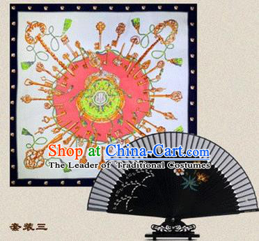 Traditional Chinese Handmade Crafts Silk Folding Fan and Scarves, China Classical Black Sensu Peach Blossom Fan Hanfu Fans for Women
