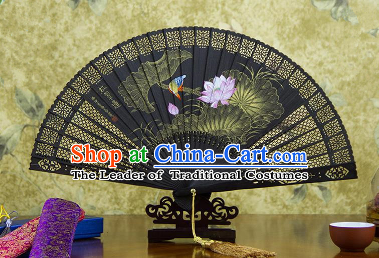 Traditional Chinese Handmade Crafts Ebomy Folding Fan, China Classical Hand Painting Lotus Bird Sensu Hollow Out Fan Hanfu Fans for Women