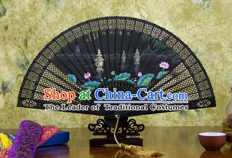 Traditional Chinese Handmade Crafts Ebomy Folding Fan, China Classical Hand Painting West Lake Lotus Sensu Hollow Out Fan Hanfu Fans for Women
