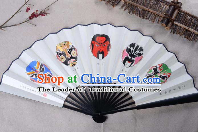 Traditional Chinese Handmade Crafts Xuan Paper Folding Fan, China Classical Art Paper Sensu Hand Painting Beijing Opera Facial Masks Fan Hanfu Fans for Men