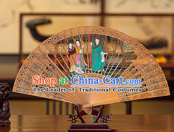 Traditional Chinese Handmade Crafts Hand Painting Romance of the Western Chamber Folding Fan, China Classical Sensu Hollow Out Red Sandal Wood Fan Hanfu Fans for Women