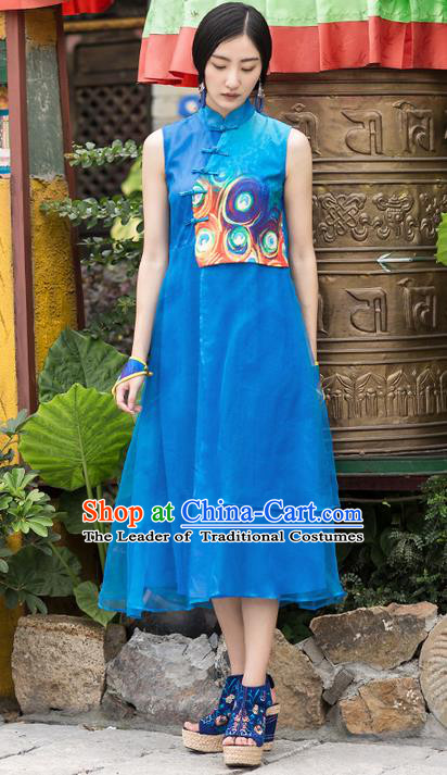 Traditional Chinese Costume Elegant Hanfu Printing Dress, China Tang Suit Plated Buttons Cheongsam Blue Qipao Dress Clothing for Women