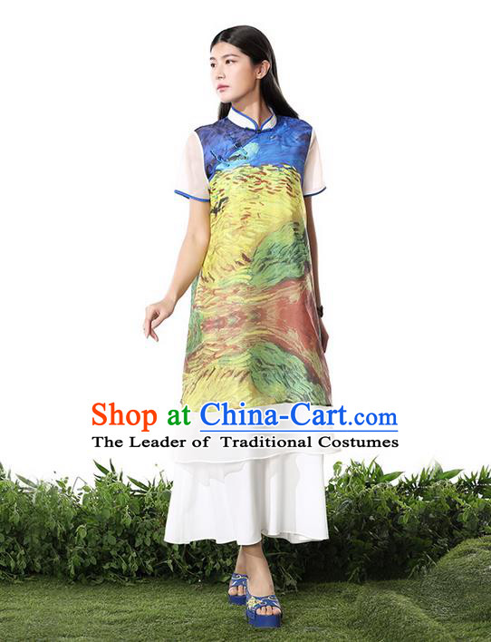 Traditional Chinese Costume Elegant Hanfu Printing Chiffon Dress, China Tang Suit Plated Buttons Cheongsam Qipao Dress Clothing for Women