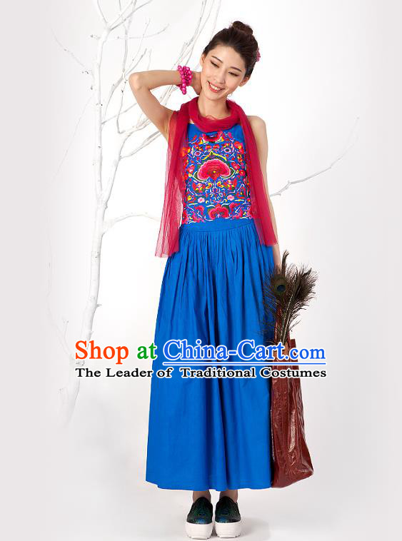 Traditional Chinese Costume Elegant Hanfu Embroidered Flowers Slip Dress, China Tang Suit Blue Camisole Dress Clothing for Women