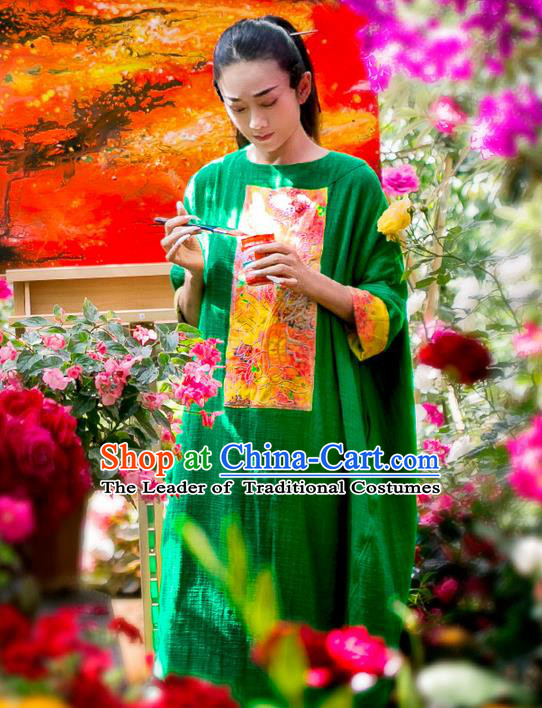 Traditional Chinese Costume Elegant Hanfu Embroidered Flowers Linen Dress, China Tang Suit Cheongsam Upper Outer Garment Qipao Green Dress Clothing for Women