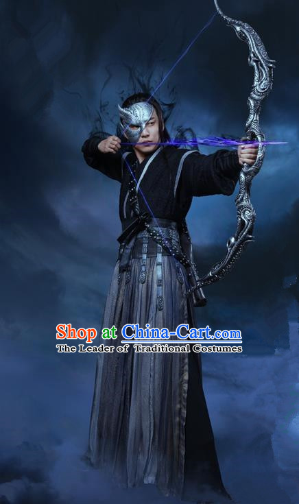 Traditional Ancient Chinese Swordsman Dress Clothing, Chinese Ancient Ming Dynasty Martial Arts Assassin Costume and Headpiece Complete Set for Men