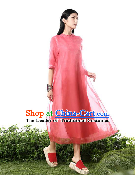 Traditional Chinese Costume Elegant Hanfu Printing Silk Dress, China Tang Suit Cheongsam Red Qipao Dress Clothing for Women