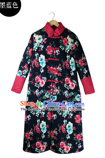 Traditional Chinese Costume Elegant Hanfu Embroidered Flowers Coat, China Tang Suit Plated Buttons Navy Dust Coat Clothing for Women