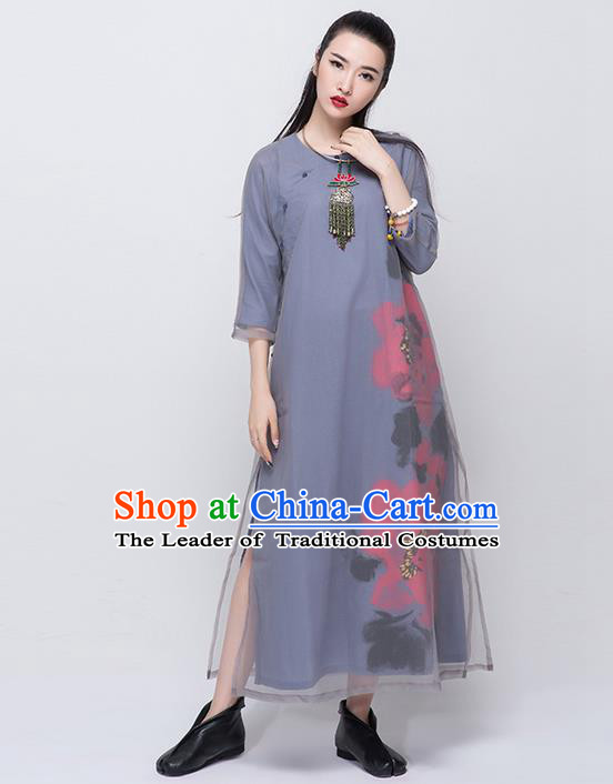 Traditional Chinese Costume Elegant Hanfu Printing Flowers Dress, China Tang Suit Cheongsam Grey Qipao Dress Clothing for Women