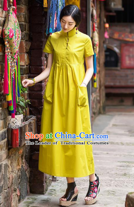 Traditional Chinese Costume Elegant Hanfu Dress, China Tang Suit Plated Buttons Cheongsam Yellow Qipao Dress Clothing for Women