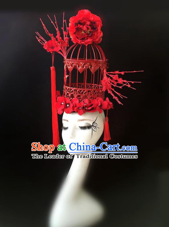 Top Grade Chinese Traditional Halloween Hair Accessories, China Style Cosplay Red Birdcage Headwear Catwalks Headpiece for Women