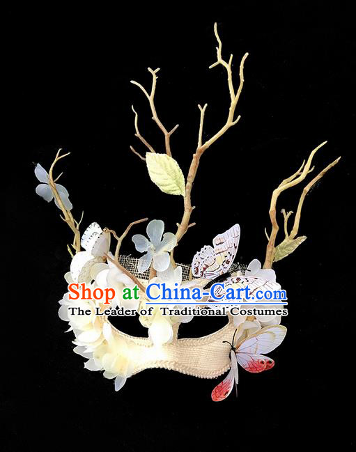 Top Grade Chinese Theatrical Luxury Headdress Ornamental Branch Butterfly Mask, Halloween Fancy Ball Ceremonial Occasions Handmade Bride Face Mask for Women