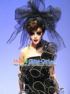 Top Grade Chinese Asian Headpiece Headpieces Model Show Veil Headdress, Ceremonial Occasions Handmade Traditional Ornamental Black Bowknot Headdress for Women