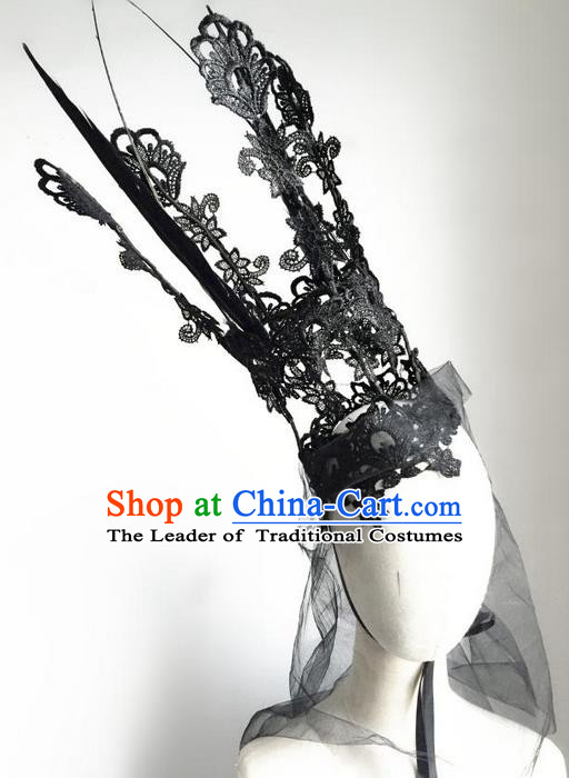 Top Grade Chinese Theatrical Luxury Headdress Ornamental Black Royal Crown, Halloween Fancy Ball Asian Headpieces Model Show Lace Headwear for Women