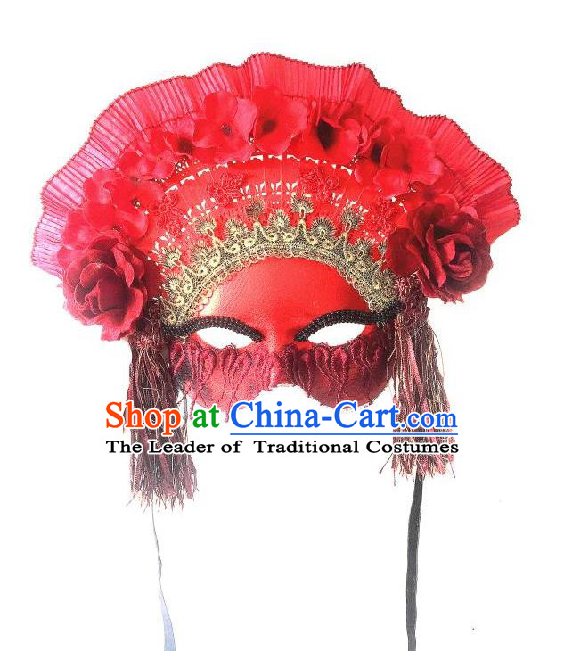 Top Grade Chinese Theatrical Luxury Headdress Ornamental Red Mask, Halloween Fancy Ball Asian Headpieces Model Show Headwear for Women