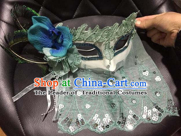 Top Grade Chinese Theatrical Luxury Headdress Ornamental Green Lace Mask, Halloween Fancy Ball Ceremonial Occasions Handmade Flower Face Mask for Women