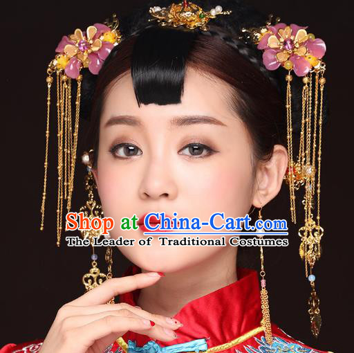 Traditional Handmade Chinese Ancient Classical Hair Accessories Bride Wedding Tassel Pink Flower Hair Comb, Xiuhe Suit Hair Jewellery Hair Fascinators Hairpins for Women