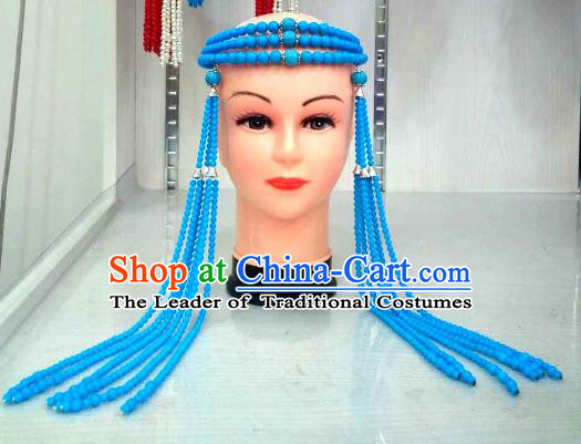 Traditional Handmade Chinese Mongol Nationality Handmade Blue Beads Tassel Hair Accessories, China Mongols Mongolian Minority Nationality Wedding Headwear for Women