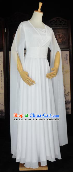 Chinese Ancient Cosplay Tang Dynasty Chivalrous Lady Fairy Dance Costumes, Chinese Traditional White Hanfu Dress Clothing Chinese Cosplay Swordswoman Costume for Women