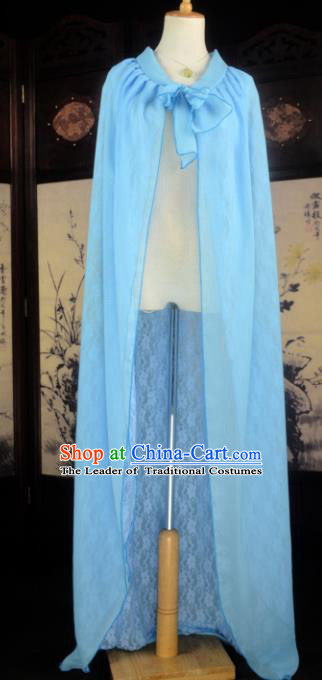 Chinese Ancient Cosplay Tang Dynasty Imperial Princess Fairy Blue Cloak, Chinese Traditional Hanfu Dress Clothing Chinese Palace Lady Cape for Women