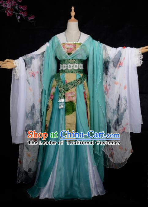 Chinese Ancient Cosplay Tang Dynasty Princess Dance Green Dress, Chinese Traditional Hanfu Clothing Chinese Fairy Palace Lady Costume for Women
