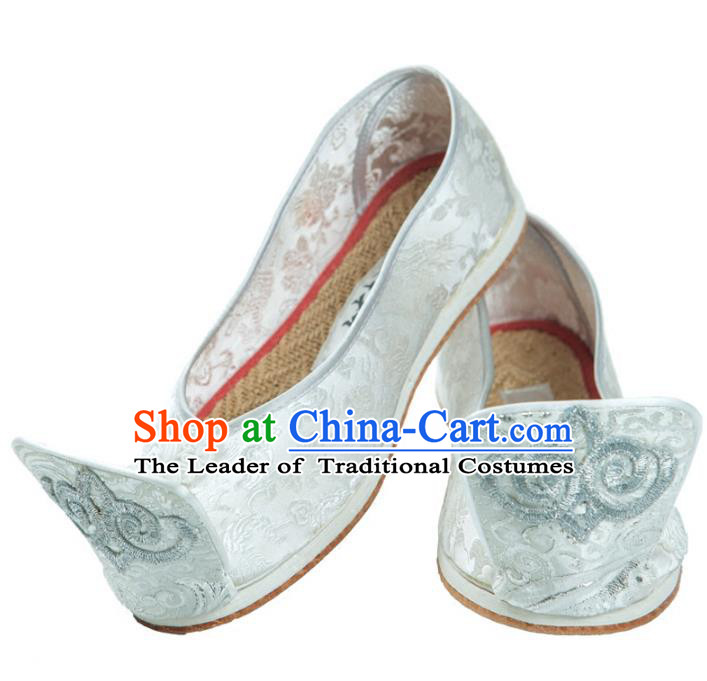 Traditional Chinese Ancient Cloth Shoes, China Princess Satin Shoes Handmade White Become Warped Head Shoe for Women