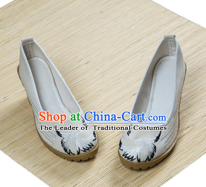Traditional Chinese Ancient Cloth Shoes, China Princess Satin Shoes Hanfu Handmade Embroidery Crane White Shoe for Women