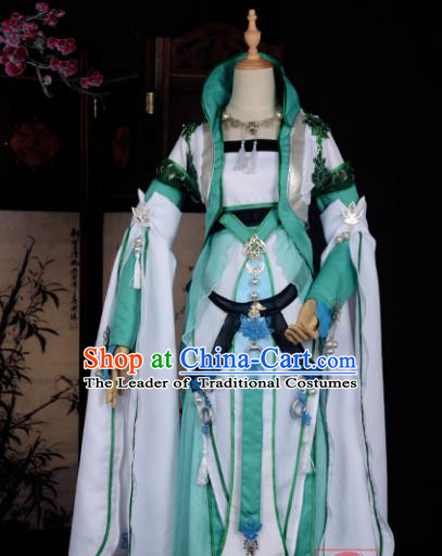 Chinese Ancient Cosplay Tang Dynasty Chivalrous Lady Embroidery Green Dress, Chinese Traditional Hanfu Clothing Chinese Fairy Costume for Women