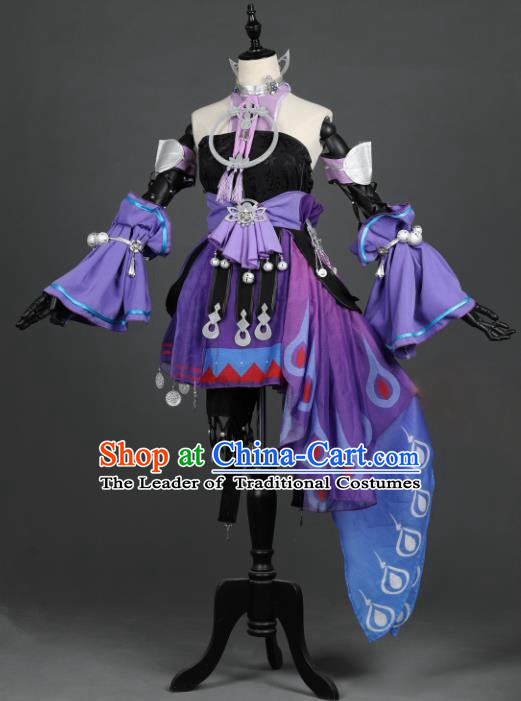 Chinese Ancient Cosplay Tang Dynasty Chivalrous Girls Embroidery Purple Dress, Chinese Traditional Hanfu Clothing Chinese Princess Fairy Costume for Women