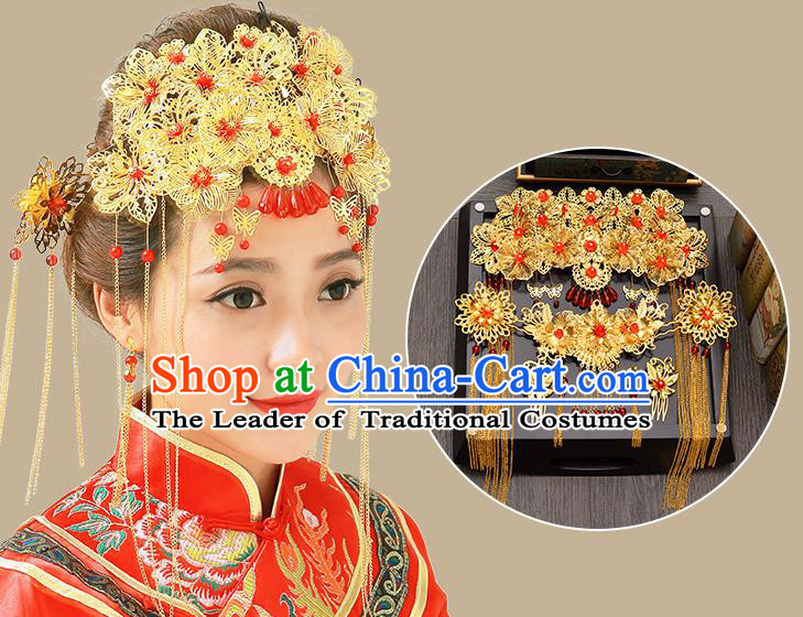 Traditional Handmade Chinese Ancient Classical Hair Accessories Xiuhe Suit Red Beads Golden Hairpin Complete Set, Tassel Step Shake Hair Sticks Hair Jewellery Hair Fascinators for Women