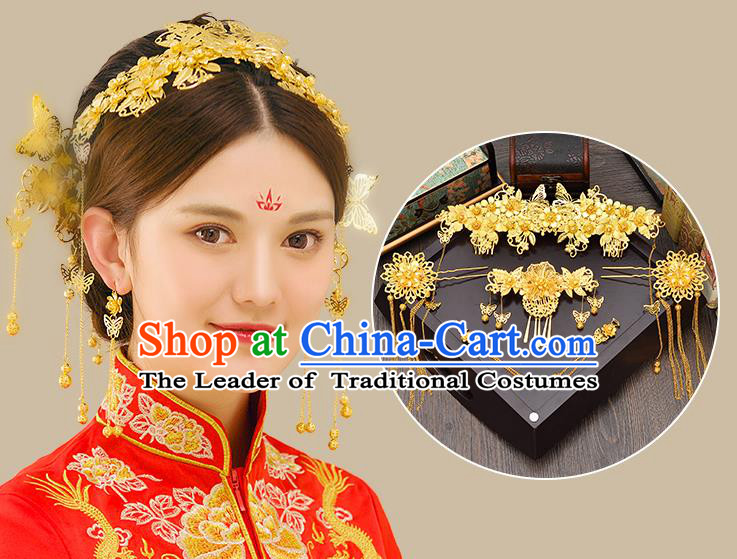 Traditional Handmade Chinese Ancient Classical Hair Accessories Xiuhe Suit Golden Hairpin Complete Set, Tassel Step Shake Hair Sticks Hair Jewellery Hair Fascinators for Women