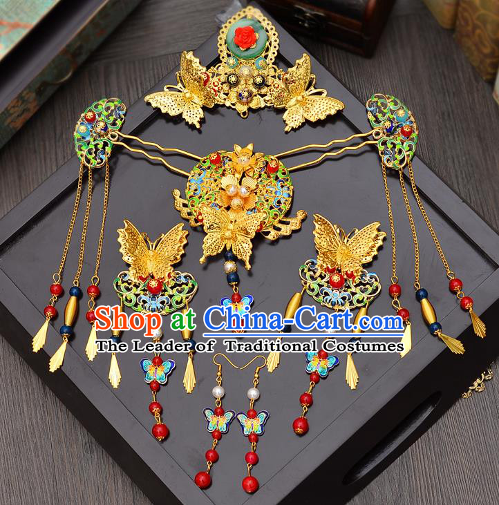 Traditional Handmade Chinese Ancient Classical Hair Accessories Xiuhe Suit Butterfly Hairpin Cloisonn Phoenix Coronet Complete Set, Hair Sticks Hair Jewellery Hair Fascinators for Women