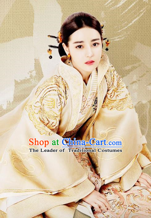 Traditional Ancient Chinese Qin Dynasty Imperial Concubine Embroidery Costume and Headpiece Complete Set, Chinese The King Woman Palace Lady Hanfu Clothing for Women