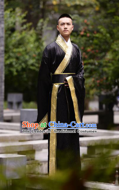 Traditional Chinese Han Dynasty Nobility Childe Hanfu Costume Black Long Robe, China Ancient Minister Clothing for Men